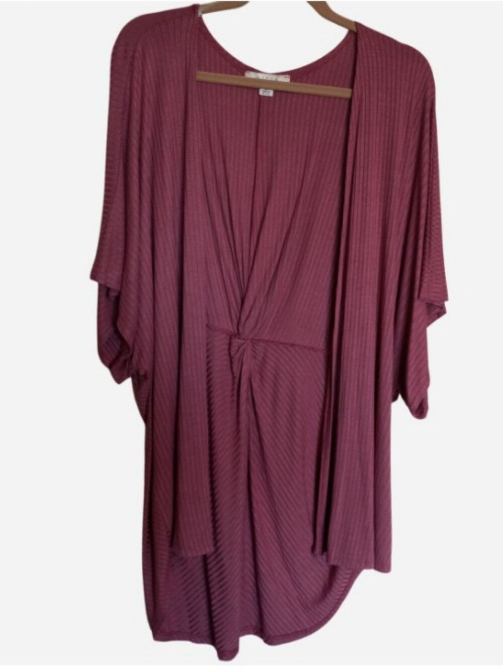 Misia Curvy Knot Back Open Front Ribbed Duster Cardigan Mauve Pink Top